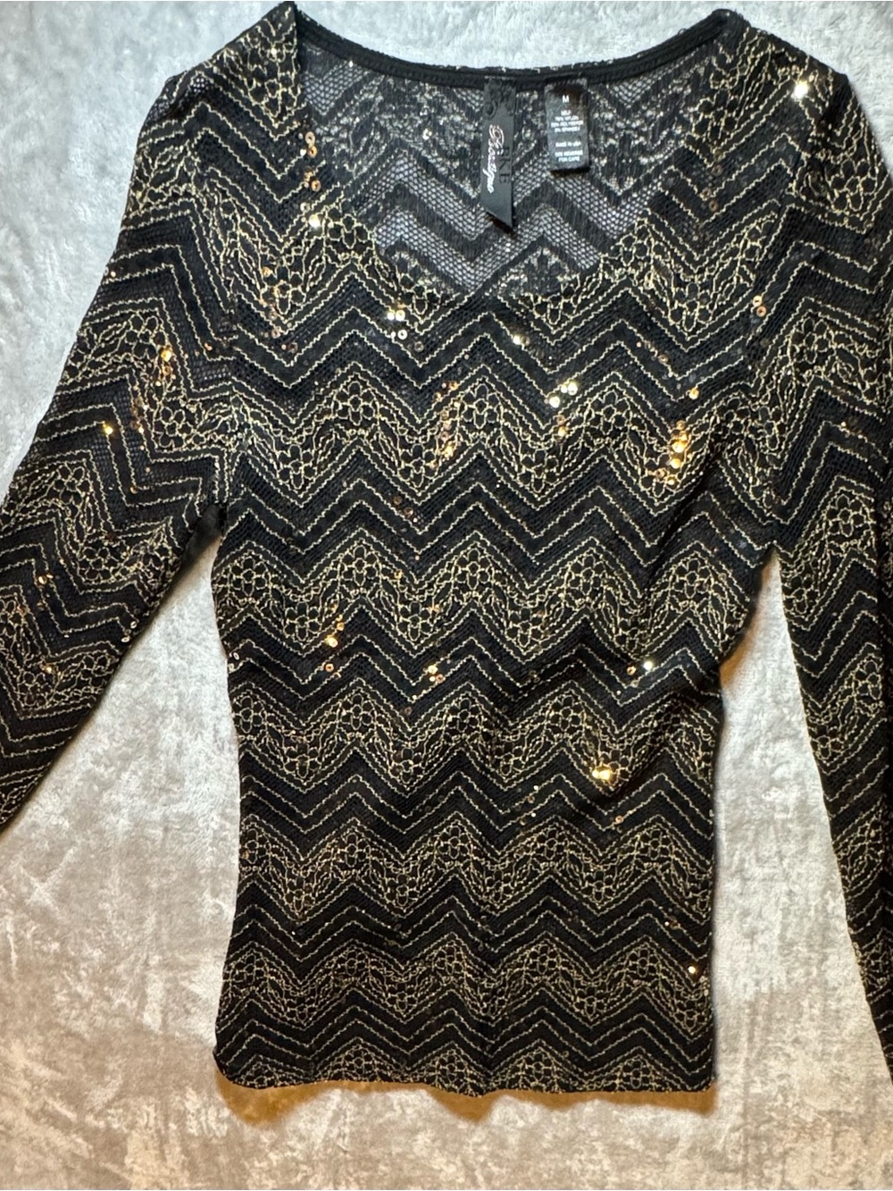 BKE Black Top with Gold Chevron Lace Detailing